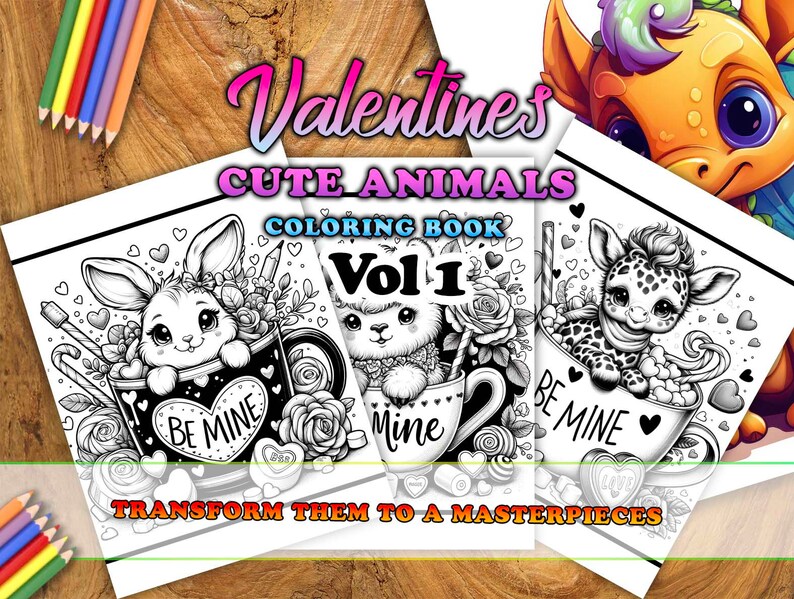 20 Valentines Day Animals Coloring Book, Printable Happy Valentines Day