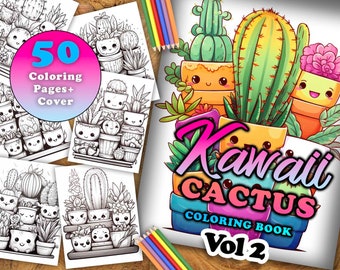 Kawaii Cactus Vol 2 Coloring Pages | 50 Pages | Cute Coloring Pages | For Kids and Adults | Digital Download