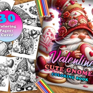 Valentine's Day Gnomes Coloring Book: 30 Printable Grayscale Pages (PDF)