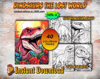 Puede incluir: Una descarga digital de 40 páginas para colorear con dinosaurios. La imagen de portada muestra un Tyrannosaurus Rex rojo con un fondo de puesta de sol y rosas. El texto "Dinosaurs The Lost World Vol 1" está en la parte superior de la imagen. El texto "High Resolution Pages" está en la parte superior derecha de la imagen. El texto "40 Coloring Pages" está en un círculo en el medio de la imagen. El texto "Instant Download" está en la parte inferior de la imagen.