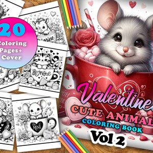 Valentine's Day Animals Coloring Book: 20 Grayscale Pages (PDF Pattern)