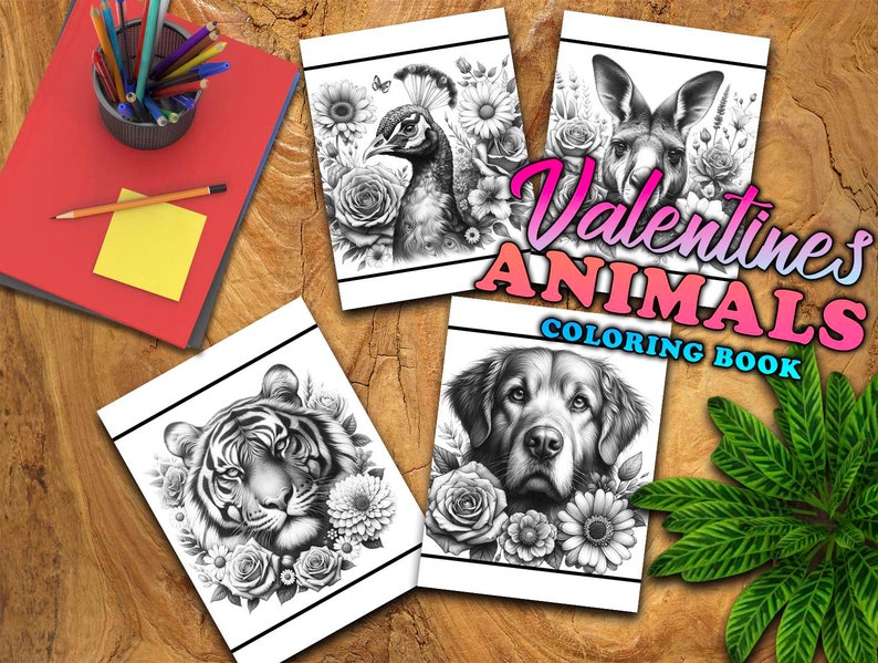 30 Valentines Day Animals Coloring Book, Printable Happy Valentines Day