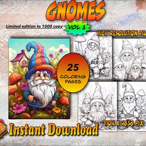 Gnomes Vol 1 - Digital Coloring Book | Printable Adult Kids Cute Colouring Pages Instant Download Grayscale Summer Illustration PDF