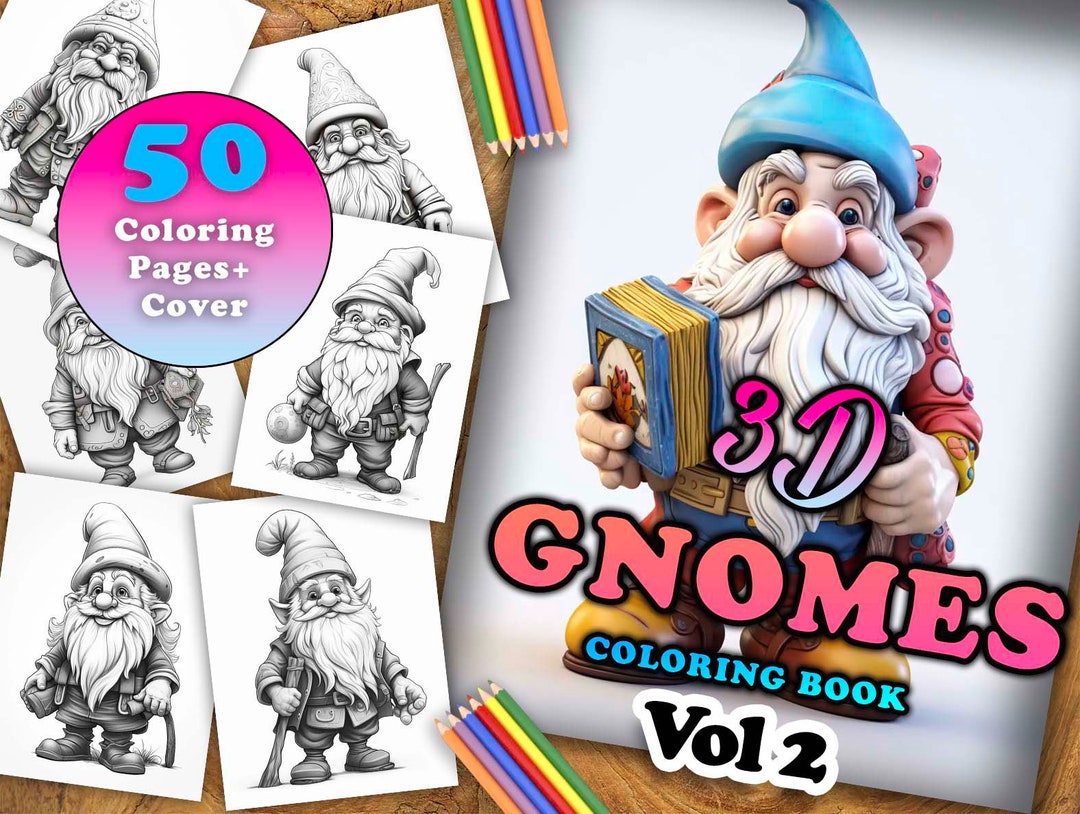 3D Gnomes Vol 2 for Adults and Kids - Grayscale Coloring Book - Instant ...
