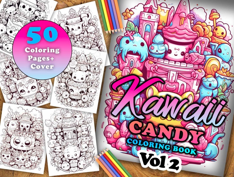 Kawaii Candy Vol 2 Coloring Pages | 50 Pages | Cute Coloring Pages | For Kids and Adults | Digital Download image 1