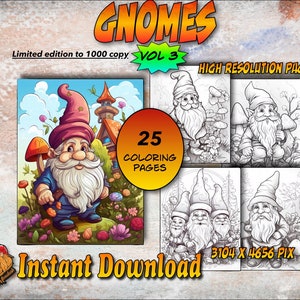 Gnomes Vol 3 - Digital Coloring Book | Printable Adult Kids Cute Colouring Pages Instant Download Grayscale Summer Illustration PDF