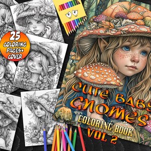 Cute Baby Gnomes Vol 2 Printable Coloring Book , Digital Download, Fantasy Art, Kids Activity, Mushroom Illustrations, 25 Pages Pack