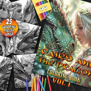 Fairy and Dragon Coloring Book Vol 1, Digital Download, Adult Coloring Pages, Fantasy Printable, Intricate Designs, Gift for Her