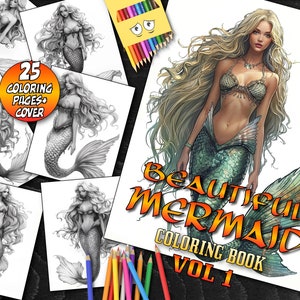 Beautiful Mermaid Coloring Book VOL1, Digital Download, Adult Fantasy Art, Printable Coloring Pages, Mythical Sea Creatures, Instant PDF