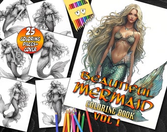 May include: A coloring book with 25 pages featuring a mermaid with long flowing hair and a tail. The cover features the text "Beautiful Mermaid Coloring Book Vol 1".