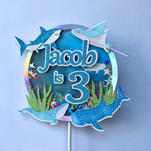 Under The Sea Cake Name Age Topper | Shaker Add On OPTIONAL | Customizable Any Name Age Aquatic Animal Theme Cake Topper | Ocean, Shark |