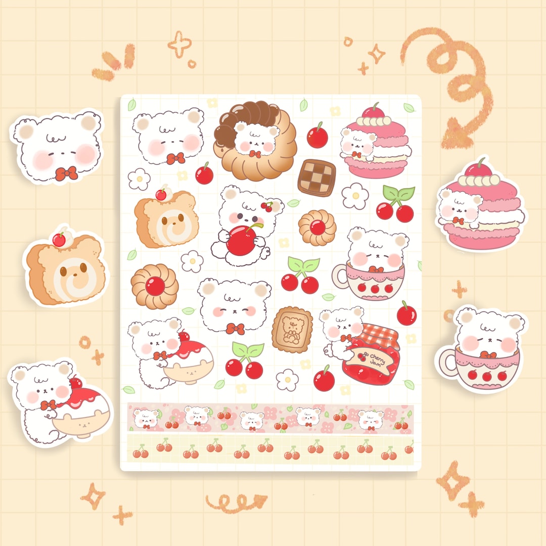Kawaii Teddy Bear Cherry Sticker Sheet - Cute Bullet Journal, Bujo ...