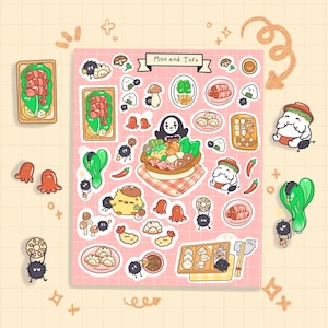 May include: A sheet of colorful stickers with a Japanese food theme. The stickers include illustrations of miso soup, tofu, shrimp toast, and various other dishes. The text "Miso and Tofu" is displayed on a banner.