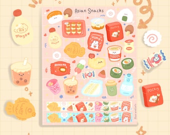 Cute Asian Snack Sticker Sheet - Foodie stickers, Japanese food, Korean snacks, Chinese snacks, bujo, bullet journal, asian food sticker