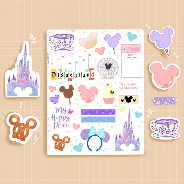 Kawaii Theme Park Sticker Sheet - Cute Bullet Journal, Bujo, disneyland sticker sheet, water bottle sticker, planner stickers