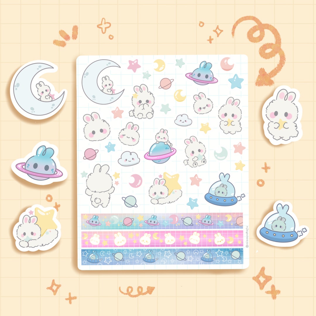 Kawaii Moon Bunny in Space Sheet - Cute Bullet Journal, Bujo, Planner ...