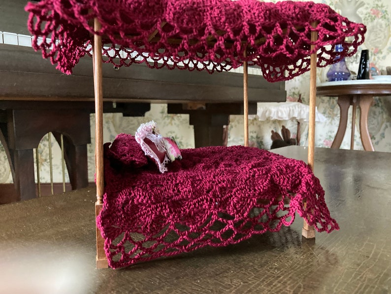 Dollhouse Canopy Bed With Crochet Bedding Wine Etsy