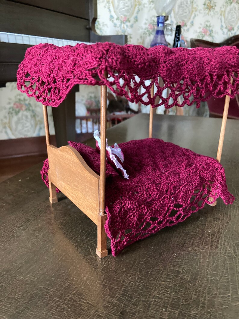 Dollhouse Canopy Bed With Crochet Bedding Wine Etsy