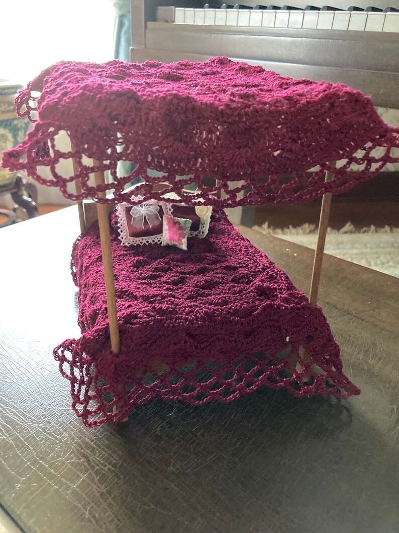 Dollhouse Canopy Bed With Crochet Bedding Wine Etsy