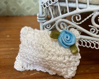 Miniature Dollhouse Pillow - Crochet Blue Rose