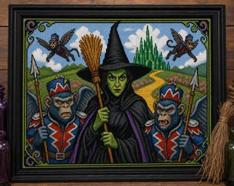 Wicked Witch & Flying Minions Cross Stitch Pattern PDF | Fantasy Halloween Counted Cross Stitch Chart | Gothic Witch Needlepoint Design