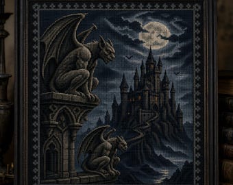 Dark Gothic Gargoyle Castle Cross Stitch Pattern PDF | Moonlit Medieval Castle | Fantasy Gothic Counted Cross Stitch Chart
