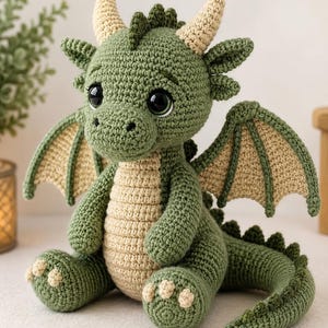 Könnte beinhalten: Ein gehäkeltes Drachen-Stofftier mit einem salbeigrünen Körper sowie einem cremefarbenen Bauch, Flügelinnenseiten und Hörnern. Die Figur hat große schwarze Augen, kleine Ohren und einen langen Schwanz mit einer Reihe grüner Stacheln am Rücken.