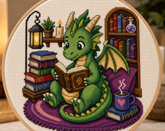 Whimsical Dragon Reading Books Cross-Stitch Pattern (Printable Craft)