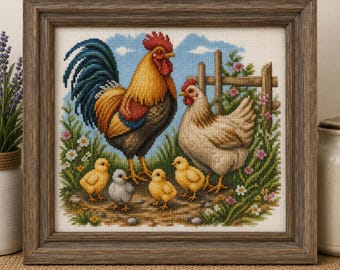 Rooster Hen & Chicks Cross Stitch Pattern PDF | Farmhouse Chicken Embroidery Chart | Color Counted Cross Stitch | Rustic Farm Animal Decor