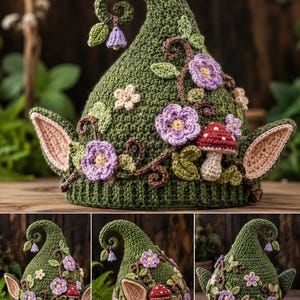 May include: A dark green crocheted hat with a curled tip, featuring attached light pink pointed ears on the sides. The hat is decorated with crocheted purple flowers, green leaves, brown vines, and a small red and white spotted mushroom.