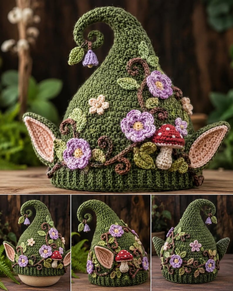 K&ouml;nnte beinhalten: Eine dunkelgr&uuml;ne H&auml;kelm&uuml;tze mit gebogener Spitze und seitlich angebrachten hellrosa spitzen Ohren. Die M&uuml;tze ist mit geh&auml;kelten violetten Blumen, gr&uuml;nen Bl&auml;ttern, braunen Ranken und einem kleinen rot-wei&szlig; gepunkteten Pilz verziert.
