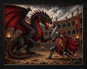 Red Dragon vs Knight counted cross stitch