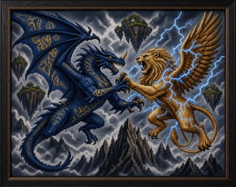 Blue Warded Dragon vs Lightning Sphinx counted cross stitch