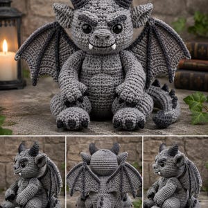 May include: A gray crocheted gargoyle plush toy featuring large black eyes, two horns, pointed ears, and expansive wings. The creature has a textured body, small white fangs, and a long tail with dark gray spikes, shown from multiple angles.