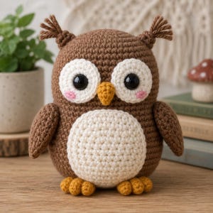 Può includere: Un peluche a forma di gufo lavorato all'uncinetto color marrone con pancia color crema, grandi occhi neri in plastica, macchie bianche intorno agli occhi, piccole guance rosa, un becco giallo e due ciuffi di filo sulla testa, su due zampe gialle.