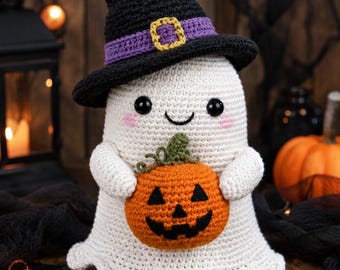 Halloween Geist Häkelanleitung PDF | Süßer Kürbis Geist Amigurumi | Hexenhut Plüsch-Muster | Gruselige Herbst Dekoration