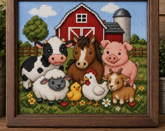 Farmyard Animals Cross Stitch Pattern PDF | Cute Farm Animal Counted Cross Stitch | Cow Pig Horse Chicken Sheep Goat Barn Scene