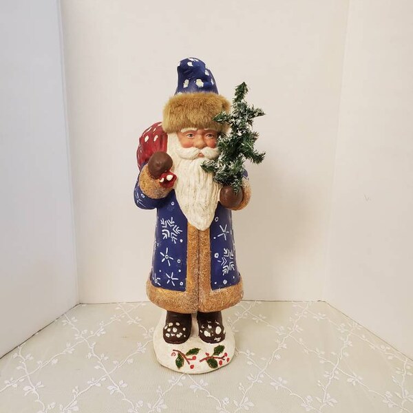 Vintage Plaster Old World Style Decor Santa Claus With Toy Bag And Christmas Tree