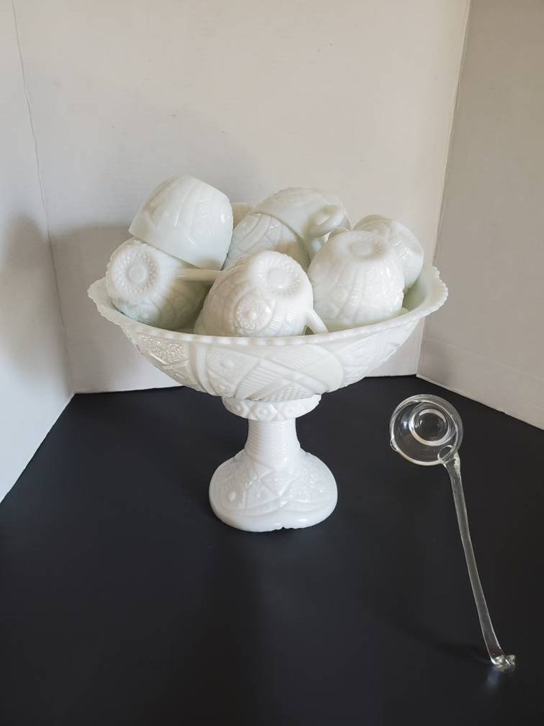 Vintage Milk Glass Punch Bowl With 16 Cups and A Pedestal Base Etsy