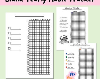 May include: A black and white printable habit tracker with a grid for each month of the year. The tracker includes sections for reading, workout, and other habits. The text "Yes You Can!" is included in a colorful speech bubble.