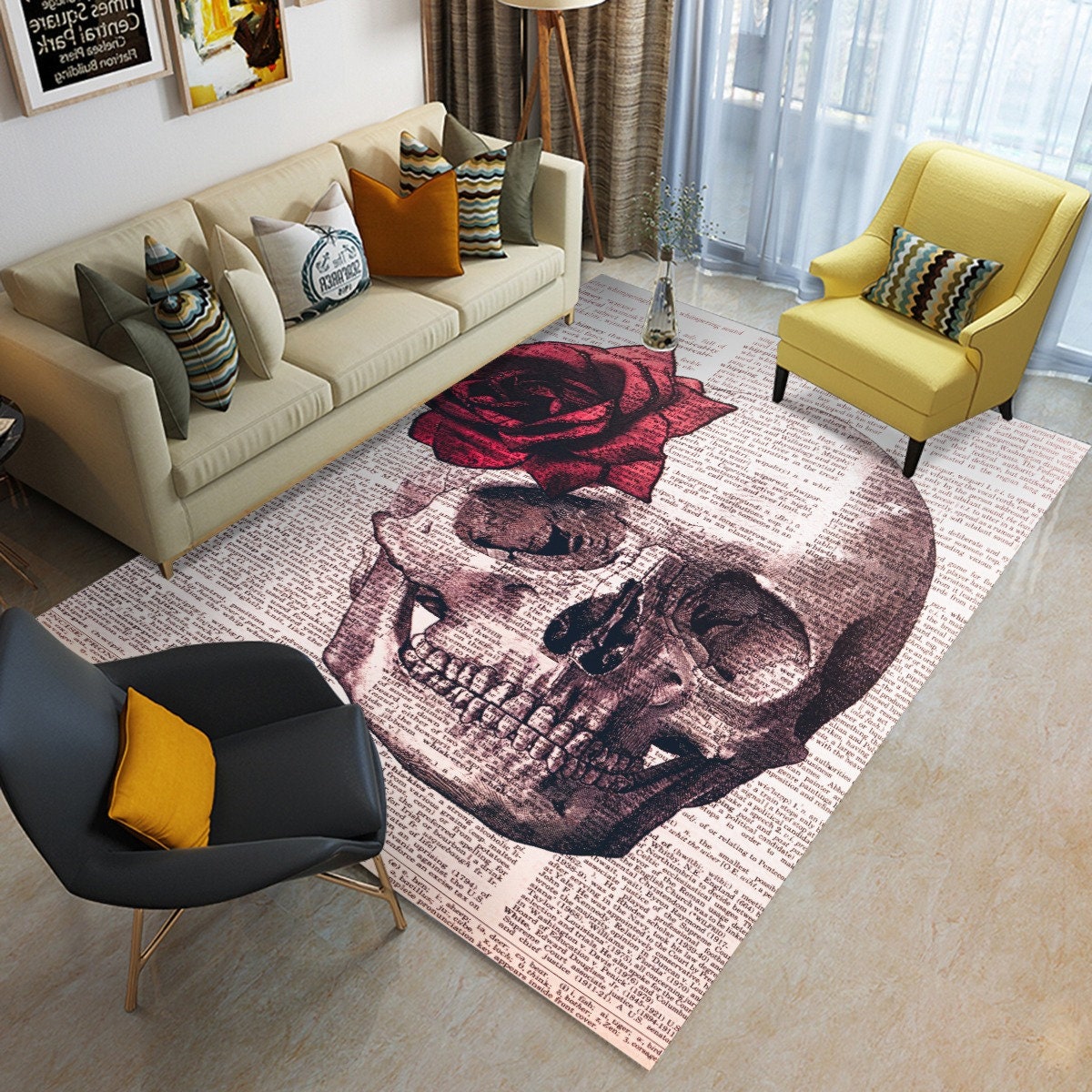 Discover Skull/Newspaper Print Floor Mat