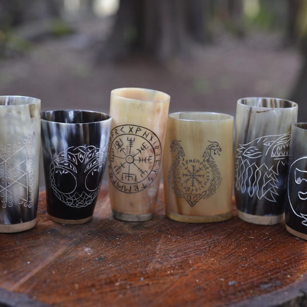 HandCarved Ox Horn Drinking Cups Norse-Inspired Carved Design