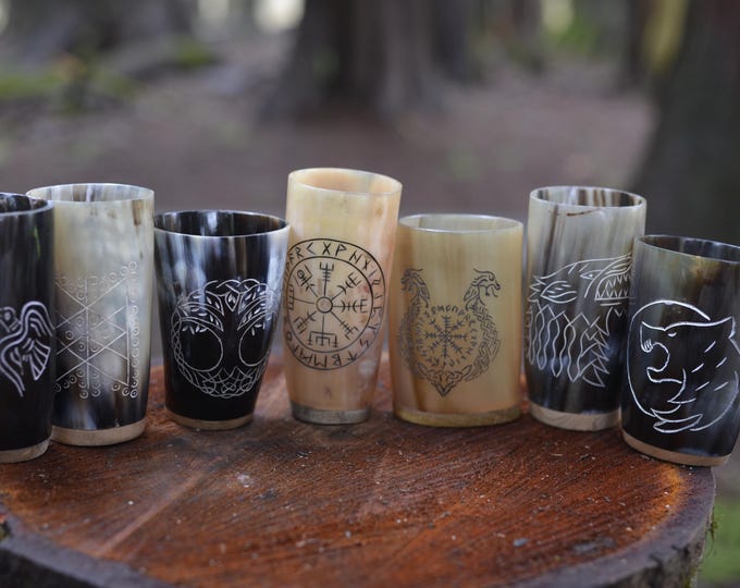HandCarved Ox Horn Drinking Cups Norse-Inspired Carved Design