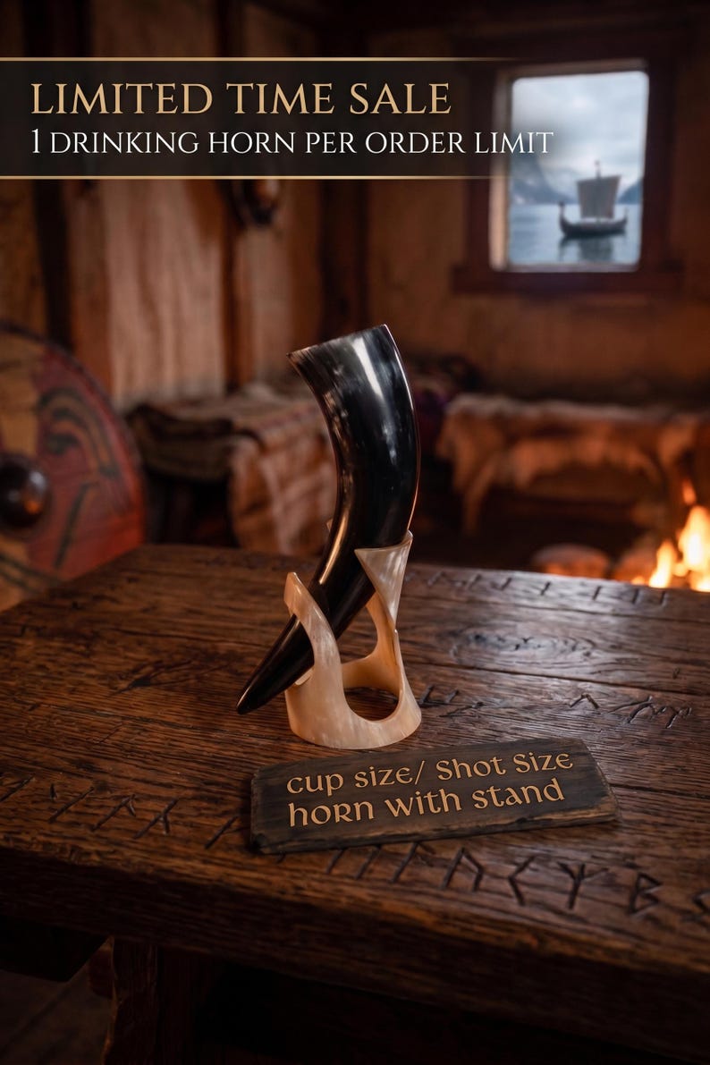 May include: A dark, polished drinking horn with a curved shape, supported by a light-colored, translucent horn stand. A small rectangular plaque in front of the stand features the text: cup size/ Shot Size horn with stand.
