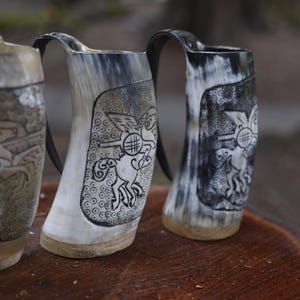 Hand-Carved Ox Horn Mug with Norse Warrior  – Wooden Base & Free Personalization
