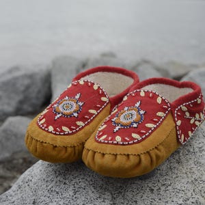 Tan Leather Hand Beaded Genuine Moccasins