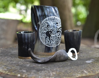 Hand-Carved Ox Horn Mug with Norse Warrior  – Wooden Base & Free Personalization