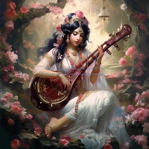 Indian Hindu Goddess Saraswathi, Goddess of Wisdom, Knowledge and Arts, playing Veena - for Printable Art Work  - Digital Download