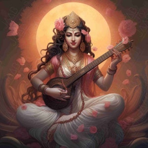 Saraswathi | Shaaradha , Hindu Goddess of Wisdom, Knowledge and Arts, playing Veena - for Printable Art Work  - Digital Download