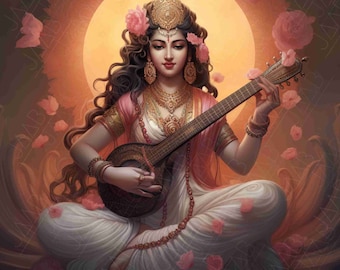 Saraswathi | Shaaradha , Hindu Goddess of Wisdom, Knowledge and Arts, playing Veena - for Printable Art Work  - Digital Download